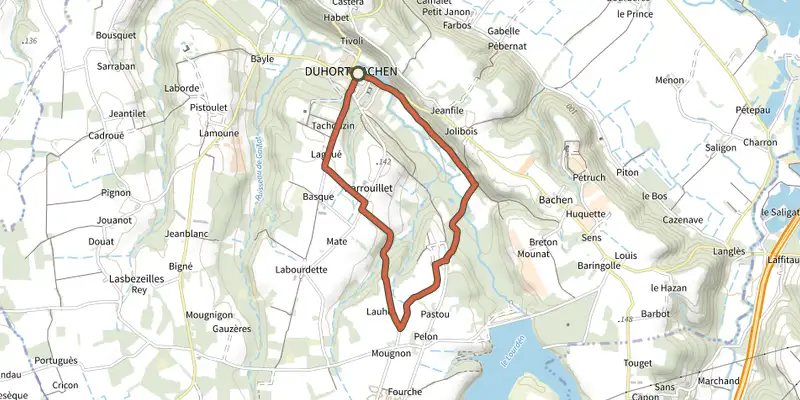 Map of the Duhort-Bachen - Circuit des vallons du Lourden track on the IGN map, with the start and numbered waypoints