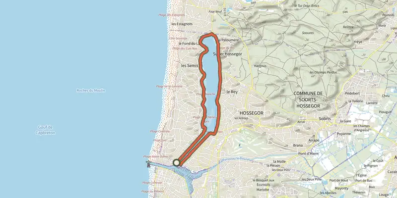 Carte du tracé de Circuit Tour du lac d'Hossegor sur le Plan IGN, départ et points de passage numérotés