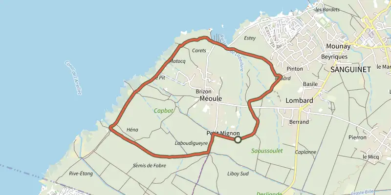 Map of the Sanguinet - CIRCUIT ENTRE ÉTANG ET FORÊT track on the IGN map, with the start and numbered waypoints