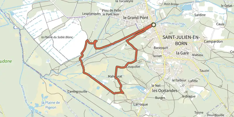 Map of the Circuit du Ruisseau du Courlis track on the IGN map, with the start and numbered waypoints