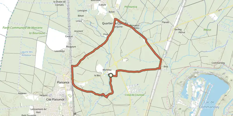 Map of the Morcenx - Circuit aux sources du Bez (circuit long) track on the IGN map, with the start and numbered waypoints