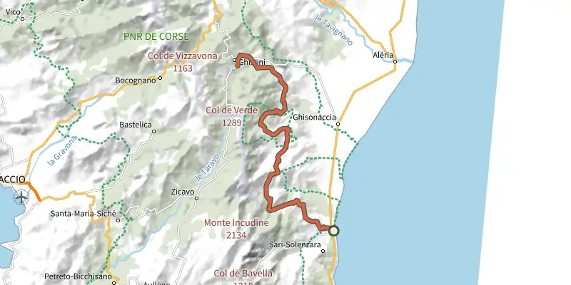 Carte du tracé de Mare è Monti Livantinu sur le Plan IGN, départ et points de passage numérotés