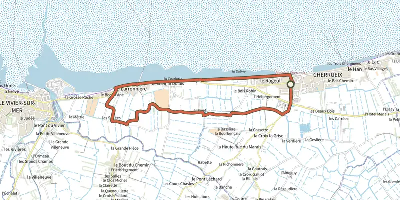 Map of the Circuit Grèves et Marais track on the IGN map, with the start and numbered waypoints