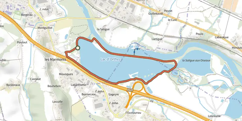 Carte du tracé de Promenade du lac d’Orthez-Biron sur le Plan IGN, départ et points de passage numérotés