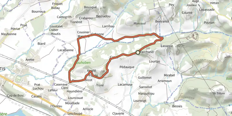 Carte du tracé de Circuit du Clamondé à Argagnon sur le Plan IGN, départ et points de passage numérotés