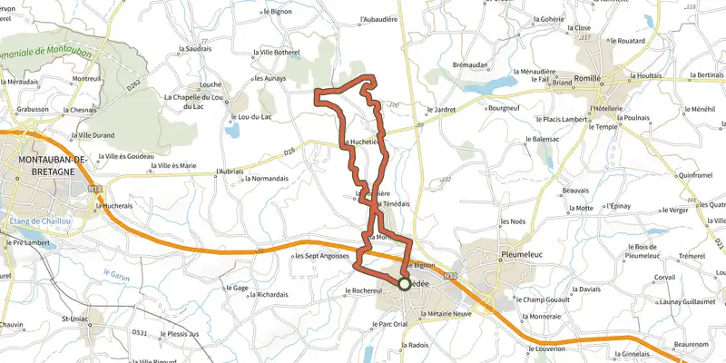 Map of the Bédée - circuit Nord track on the IGN map, with the start and numbered waypoints