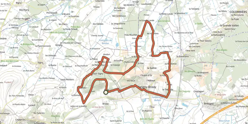 Carte du tracé de Circuit des Troglodytes sur le Plan IGN, départ et points de passage numérotés
