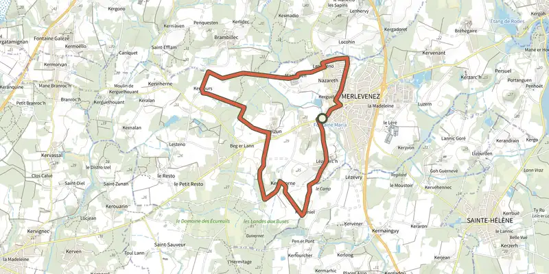 Carte du tracé de Trevelzun sur le Plan IGN, départ et points de passage numérotés