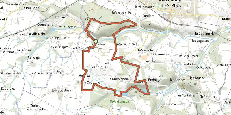 Map of the Circuit des Étangs track on the IGN map, with the start and numbered waypoints