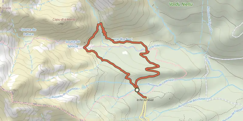 Map of the Cascade et Bergerie de Radule track on the IGN map, with the start and numbered waypoints