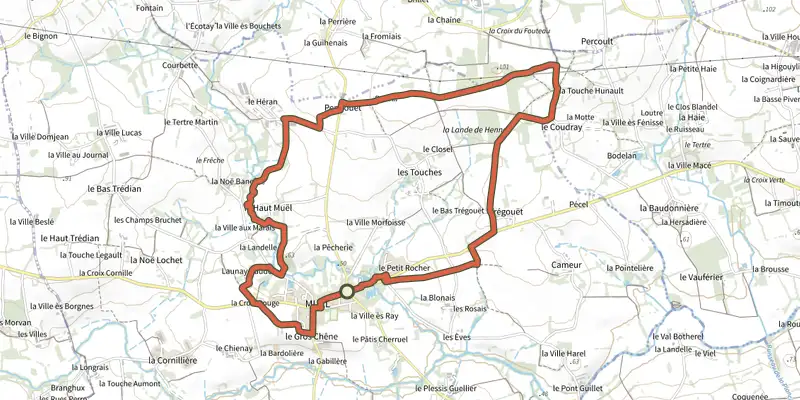 Carte du tracé de Muel - Les Landes de Hennau sur le Plan IGN, départ et points de passage numérotés