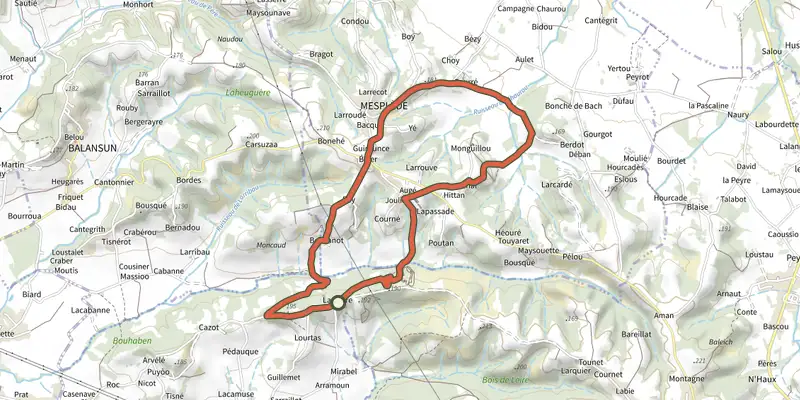 Carte du tracé de Randonnée : Tour de Mesplède sur le Plan IGN, départ et points de passage numérotés