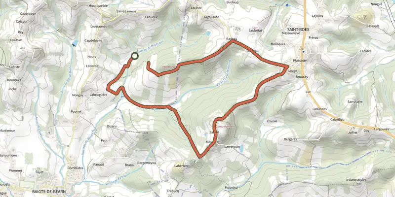 Carte du tracé de Boucle du Camp Romain de St-Boès sur le Plan IGN, départ et points de passage numérotés
