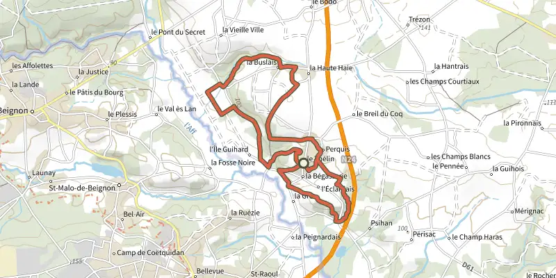 Map of the Le fief du Thélin track on the IGN map, with the start and numbered waypoints