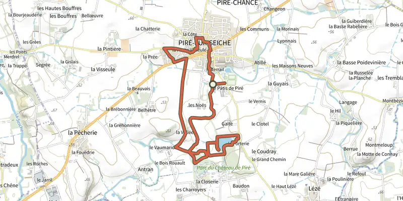 Carte du tracé de Le parc de Piré par la vallée sur le Plan IGN, départ et points de passage numérotés