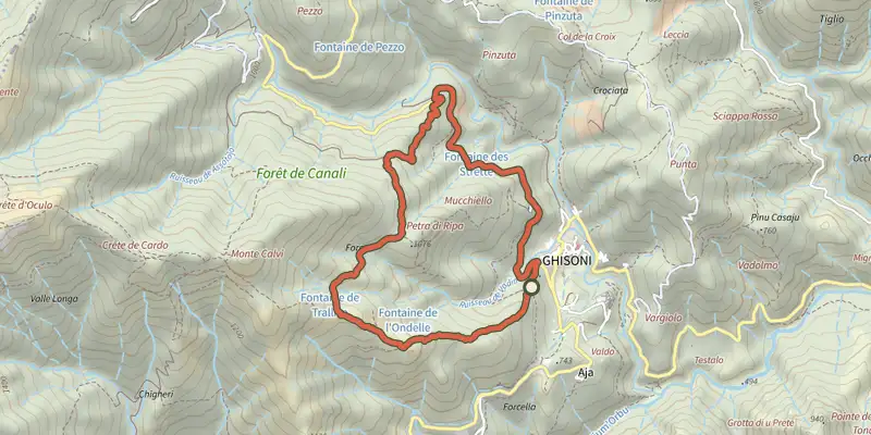 Carte du tracé de Boucle de Petra di Ripa sur le Plan IGN, départ et points de passage numérotés