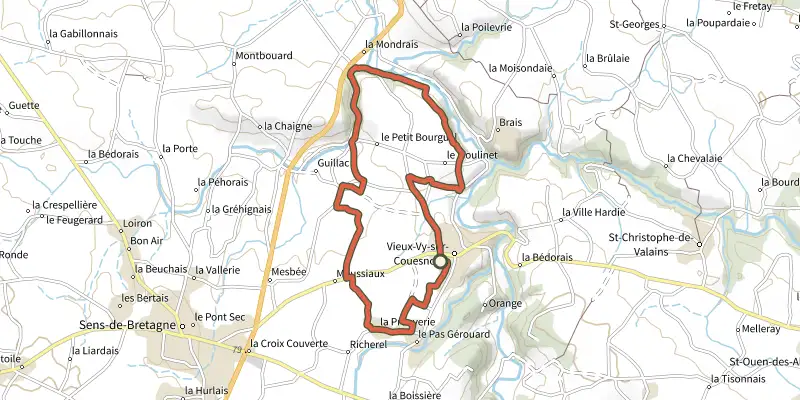 Carte du tracé de Vieux-Vy-sur-Couesnon - les carrières sur le Plan IGN, départ et points de passage numérotés