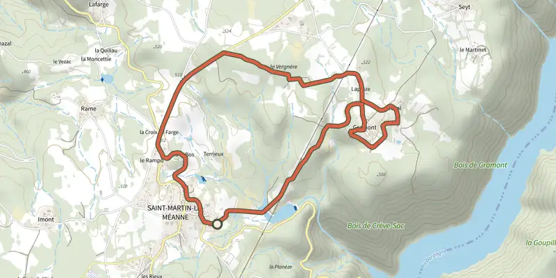 Carte du tracé de Les Hameaux de Gramont sur le Plan IGN, départ et points de passage numérotés