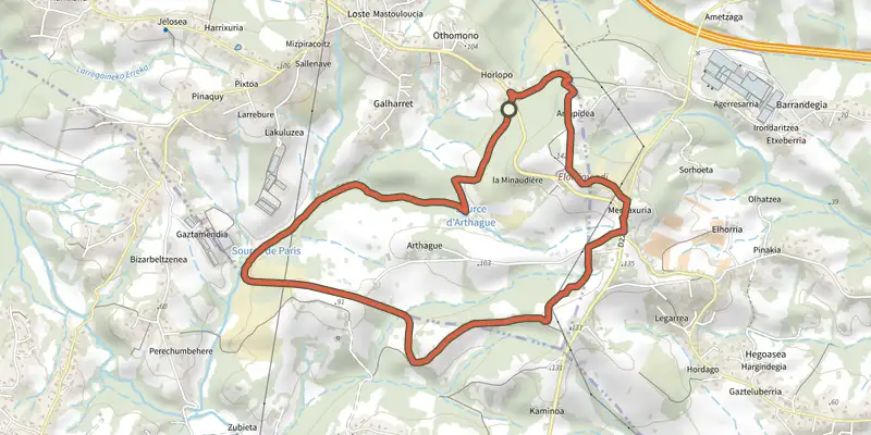 Carte du tracé de Artaga sur le Plan IGN, départ et points de passage numérotés