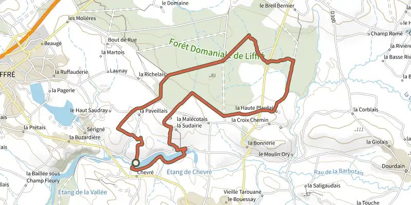 Map of the Sevailles et le pont romain track on the IGN map, with the start and numbered waypoints