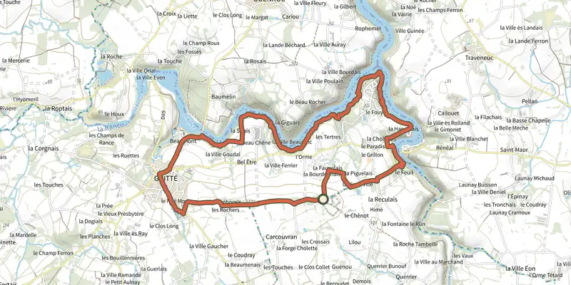 Map of the La Retenue de Rophémel track on the IGN map, with the start and numbered waypoints