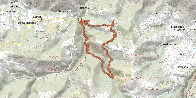 Carte du tracé de Boucle d'Ardakotxea sur le Plan IGN, départ et points de passage numérotés