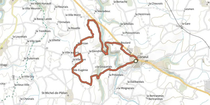 Carte du tracé de Circuit de Montafilant sur le Plan IGN, départ et points de passage numérotés