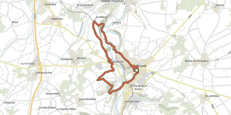 Map of the Airvault - Les Anciens Moulins track on the IGN map, with the start and numbered waypoints