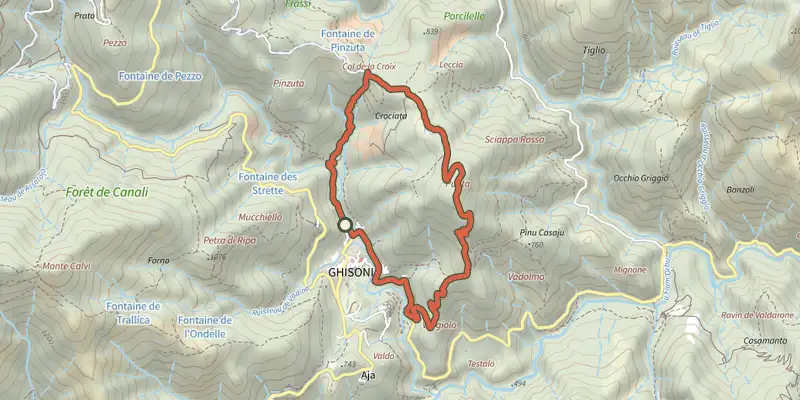 Map of the Boucle de Croce à a Sarra track on the IGN map, with the start and numbered waypoints