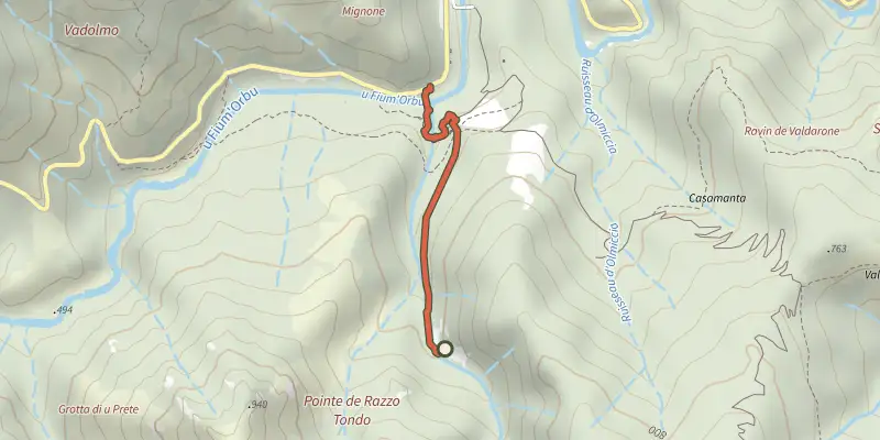 Carte du tracé de Sentier historique de la mine de la Finosa sur le Plan IGN, départ et points de passage numérotés