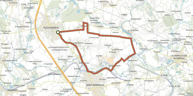 Map of the Pleugueneuc - circuit du Tram track on the IGN map, with the start and numbered waypoints