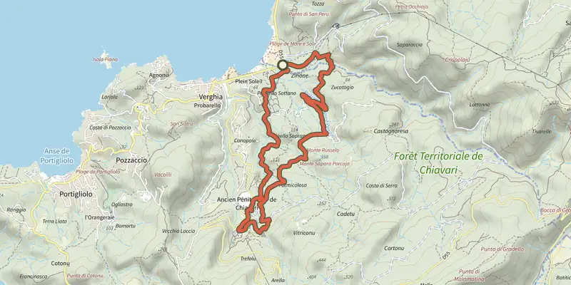 Map of the a Suaretta au Barrage du pénitencier track on the IGN map, with the start and numbered waypoints