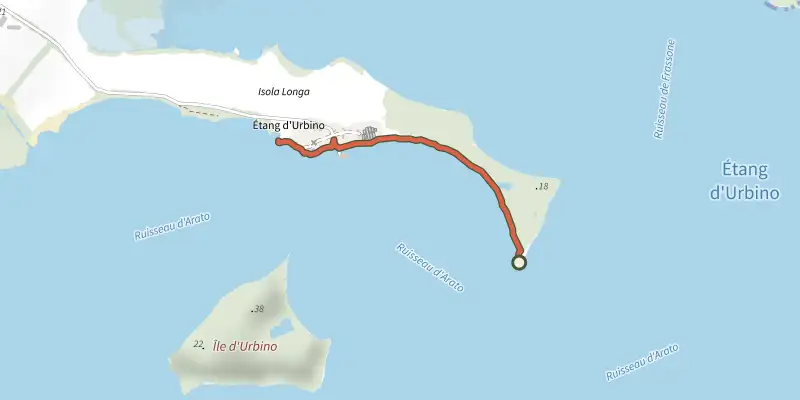 Carte du tracé de Balade littorale de l'étang d'Urbino sur le Plan IGN, départ et points de passage numérotés