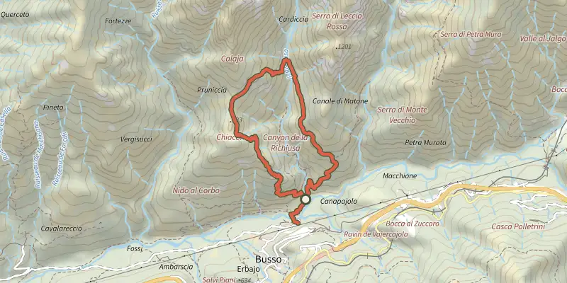 Carte du tracé de Boucle de la Ricchiusa sur le Plan IGN, départ et points de passage numérotés