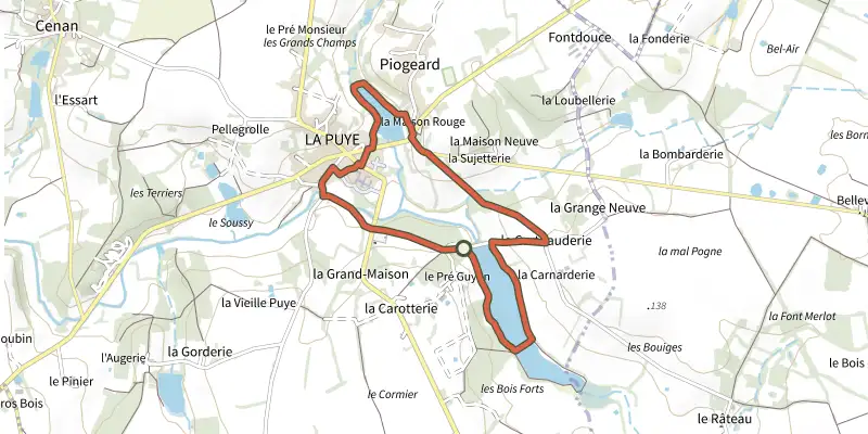 Map of the La Puye - Circuit Vert track on the IGN map, with the start and numbered waypoints