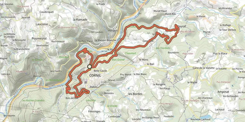 Carte du tracé de Les Balcons de la Corrèze sur le Plan IGN, départ et points de passage numérotés