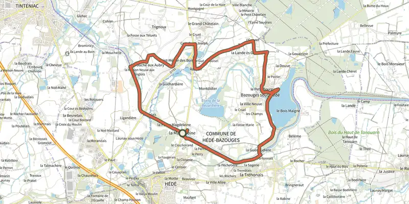 Carte du tracé de Chalets et étang sur le Plan IGN, départ et points de passage numérotés