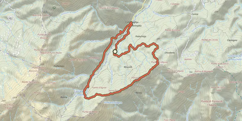 Map of the Grande boucle de la cascade d'Undella track on the IGN map, with the start and numbered waypoints