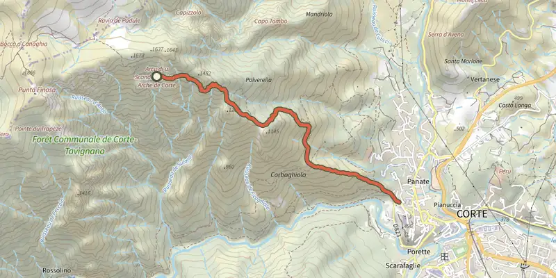 Map of the Arche de Corte track on the IGN map, with the start and numbered waypoints