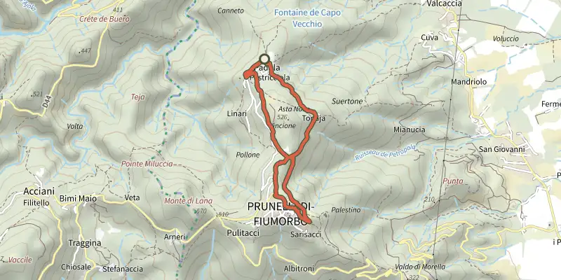 Carte du tracé de Boucle des 7 Fontaines sur le Plan IGN, départ et points de passage numérotés