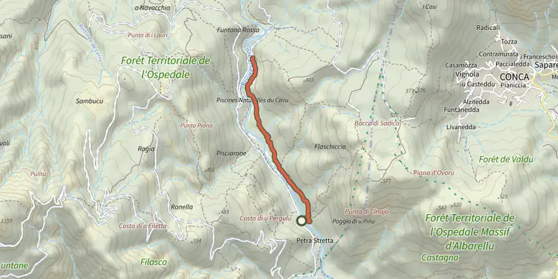 Map of the Sentier Botanique du Ponte di Marionu track on the IGN map, with the start and numbered waypoints