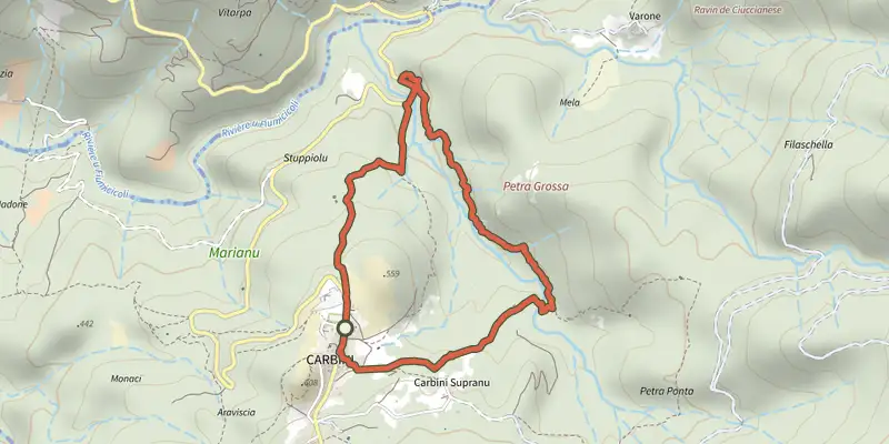 Map of the Boucle de Calanone track on the IGN map, with the start and numbered waypoints