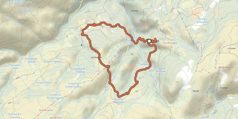 Carte du tracé de Boucle de Pieve à Sorio sur le Plan IGN, départ et points de passage numérotés