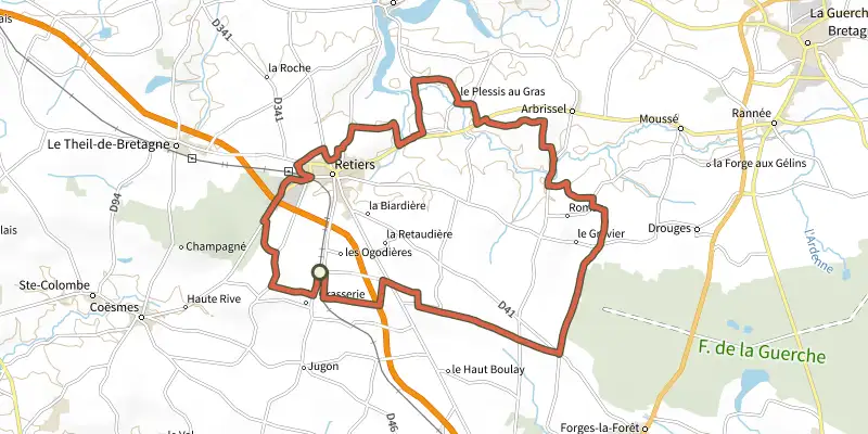 Map of the Chêne de la liberté track on the IGN map, with the start and numbered waypoints