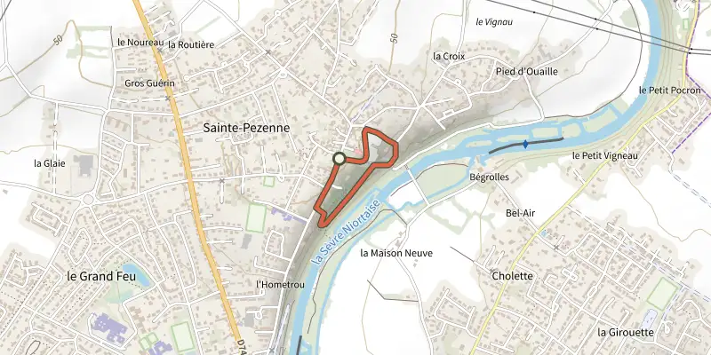Map of the Histoire et patrimoine track on the IGN map, with the start and numbered waypoints