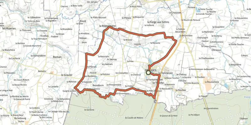 Carte du tracé de Drouges - les braconniers sur le Plan IGN, départ et points de passage numérotés