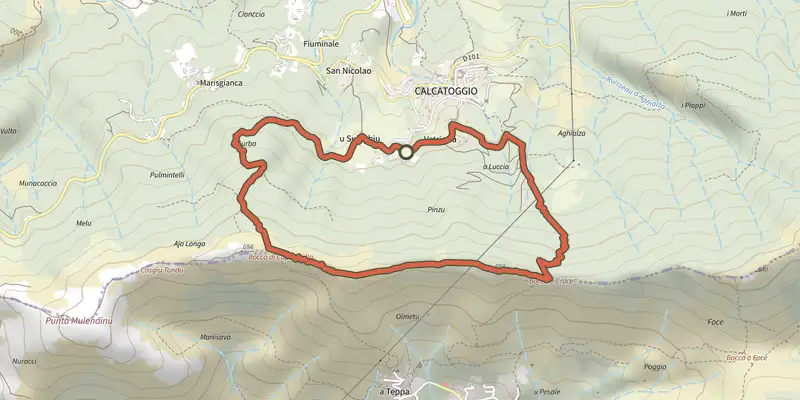 Map of the Boucle de Calcatoghju track on the IGN map, with the start and numbered waypoints