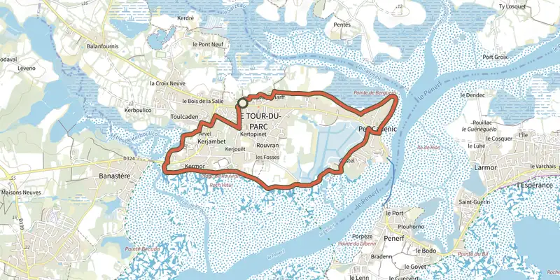 Carte du tracé de Circuit de Pencadenic sur le Plan IGN, départ et points de passage numérotés