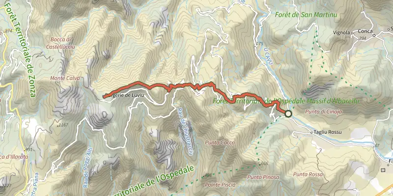 Map of the Chemin de Luviu track on the IGN map, with the start and numbered waypoints