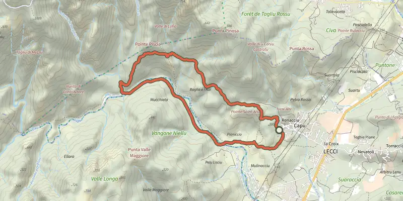 Map of the Grande Boucle de la Pointe Piscia track on the IGN map, with the start and numbered waypoints